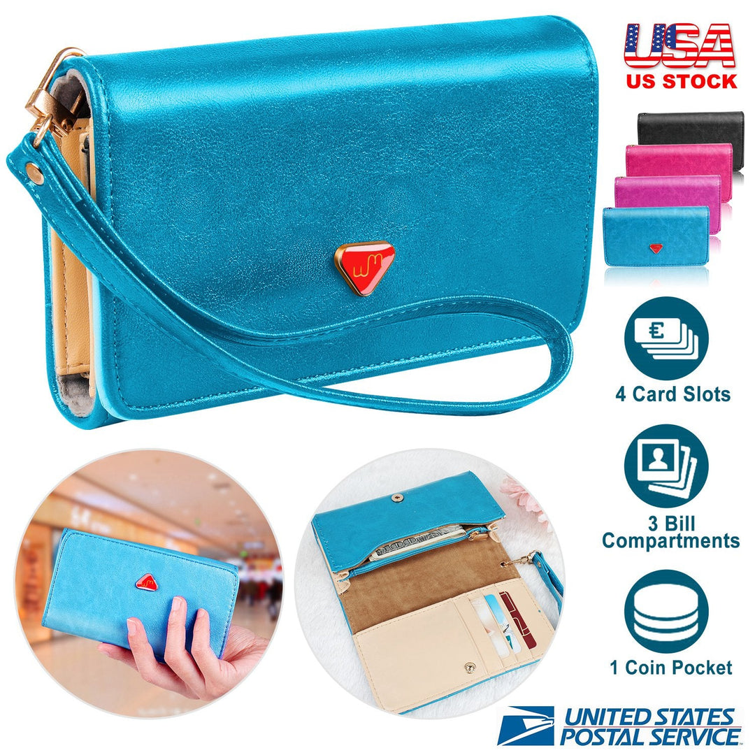 Women Wristlet Wallet PU Leather Lady Purse Credit Card Holder 4 Card Slots 3 Money Pouches 1 Coin Pocket