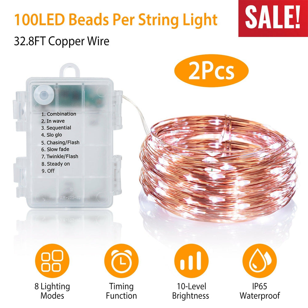 2Pcs LED String Lights 100LED Beads 32.8FT Copper Fairy Lights IP65 Waterproof Battery Operated Flash Lights with Remote Control For Wedding Party Jar