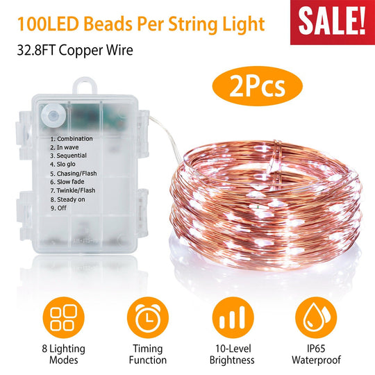 2Pcs LED String Lights 100LED Beads 32.8FT Copper Fairy Lights IP65 Waterproof Battery Operated Flash Lights with Remote Control For Wedding Party Jar
