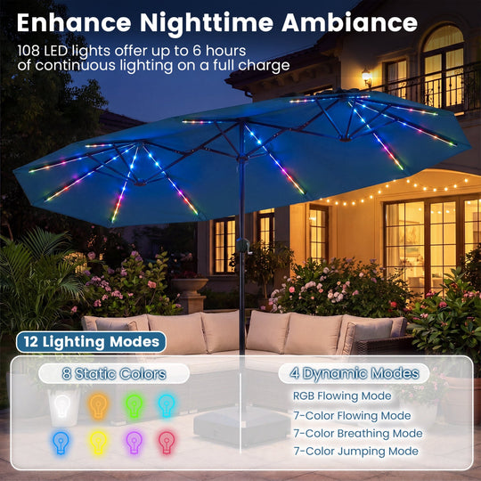 13 FT Double-Sided Patio Umbrella with Color-Changing Flowing Solar LED Lights