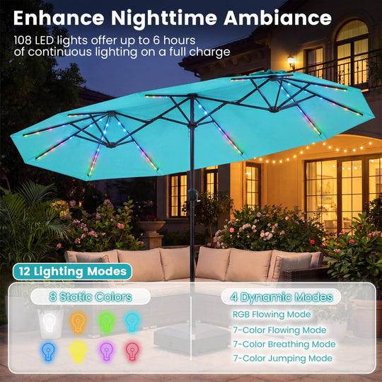 13 FT Double-Sided Patio Umbrella with Color-Changing Flowing Solar LED Lights