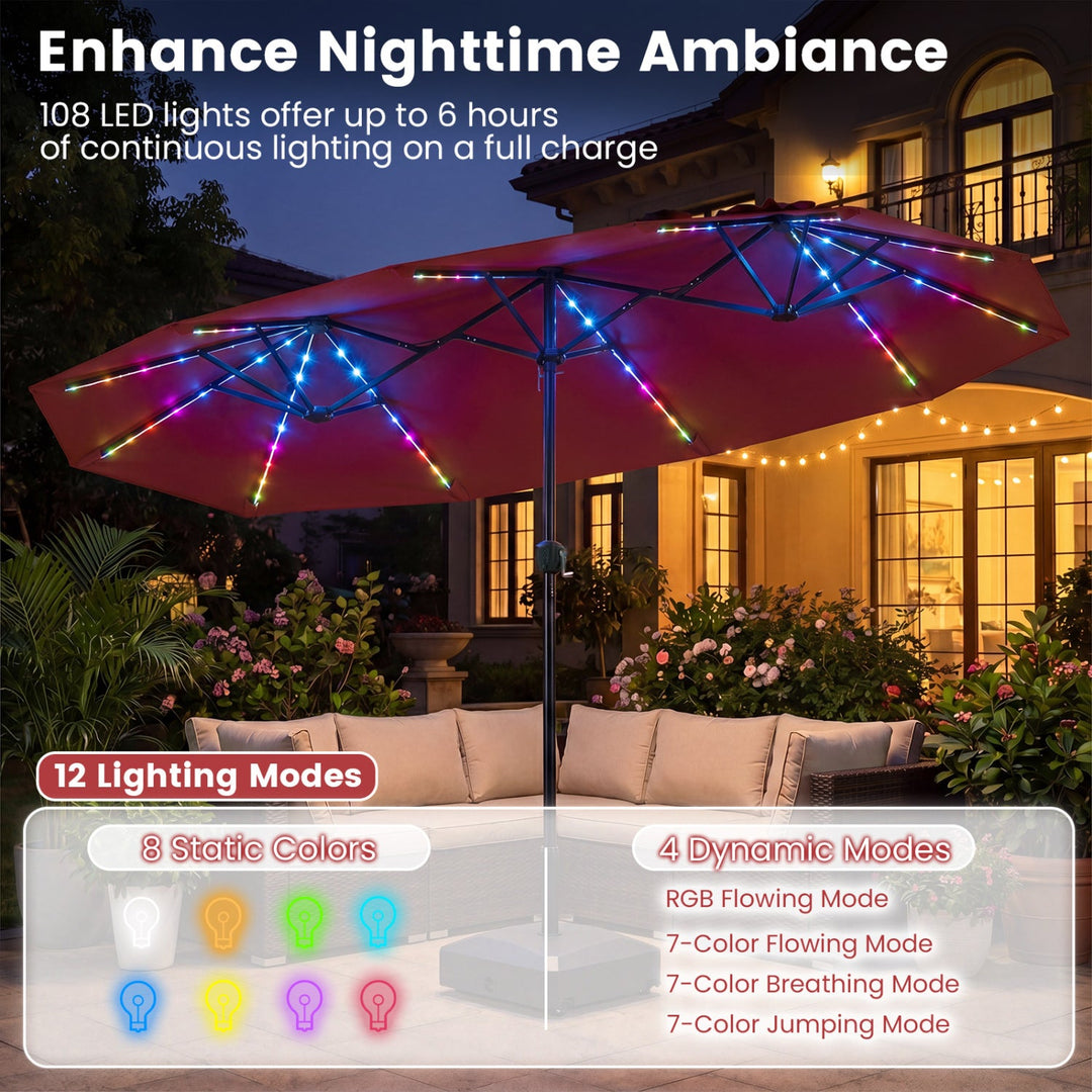 13 FT Double-Sided Patio Umbrella with Color-Changing Flowing Solar LED Lights