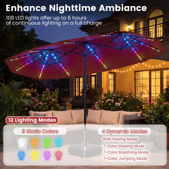 13 FT Double-Sided Patio Umbrella with Color-Changing Flowing Solar LED Lights