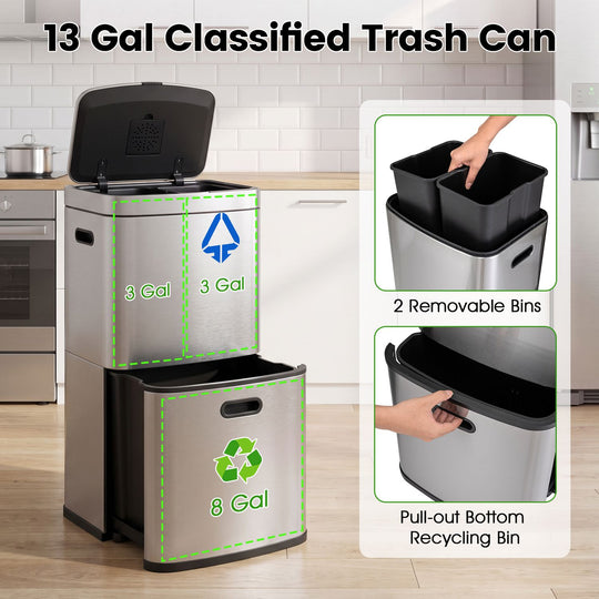 13 Gal Kitchen Trash Can with 3 Removable Bins