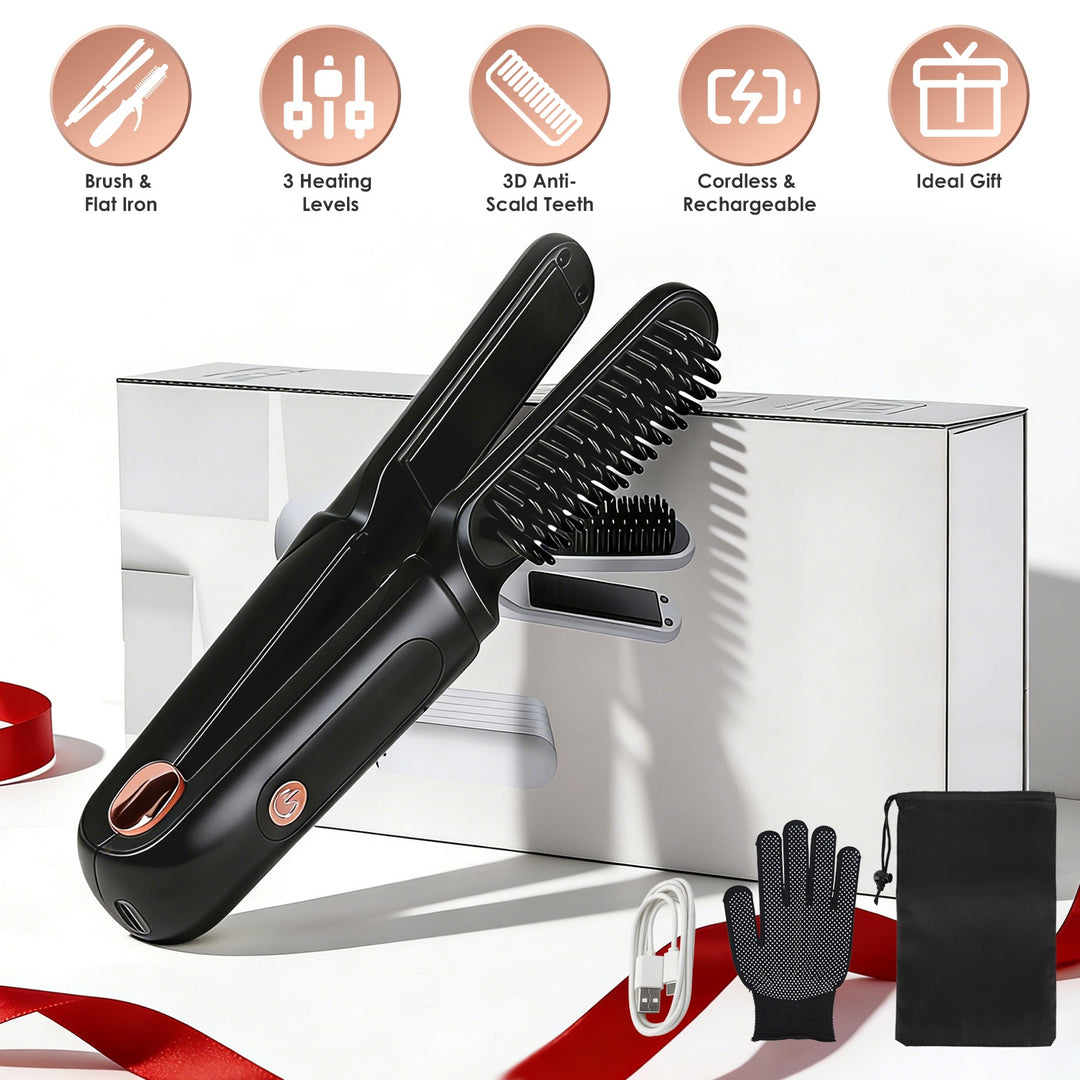 Cordless Hair Straightener Brush 2-in-1 Ceramic Flat Iron