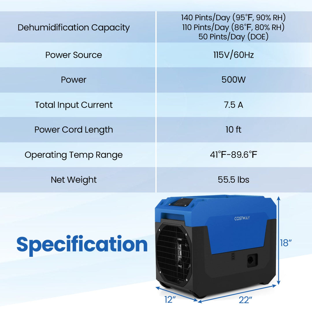 140 Pints Commercial Dehumidifier with Pump and Drain Hose