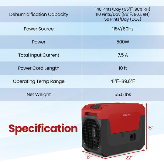140 Pints Commercial Dehumidifier with Pump and Drain Hose