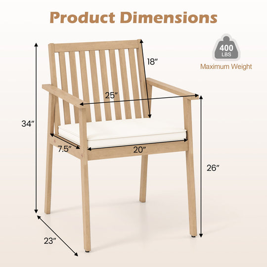 2 Pieces Patio Dining Chairs Outdoor Acacia Wood Chairs with Removable Padded Cushion