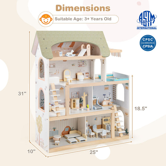 Wooden Dollhouse Kids DIY Pretend Playhouse with 33 PCS Furniture Accessories-Green