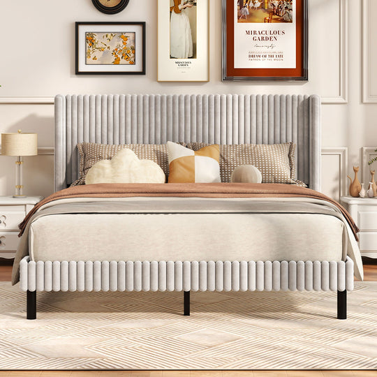 Queen Size Velvet Bed Frame with Vertical Channel Tufted Wingback Headboard-White