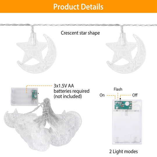 LED Star Moon IP43 Waterproof String Lights 2 Light Modes Battery Powered Decorative Light for Ramadan Christmas Wedding Party Home Patio Multi-color