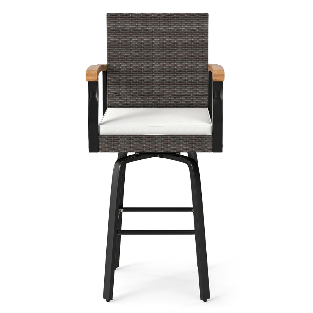 Set of 2 Outdoor 360¬∞ Swivel Bar Stool with Cushion and Acacia Wood Armrests