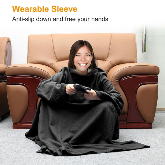 Wearable Fleece Blanket with Sleeves Cozy Warm Microplush Sofa Blanket Extra Soft Lightweight for Adult Women Men 3 Colors