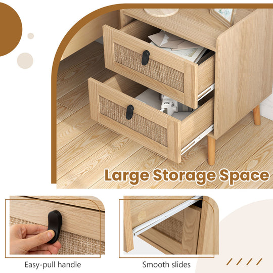 Modern End Table Bedside Table with 2 Rattan Decorated Drawers