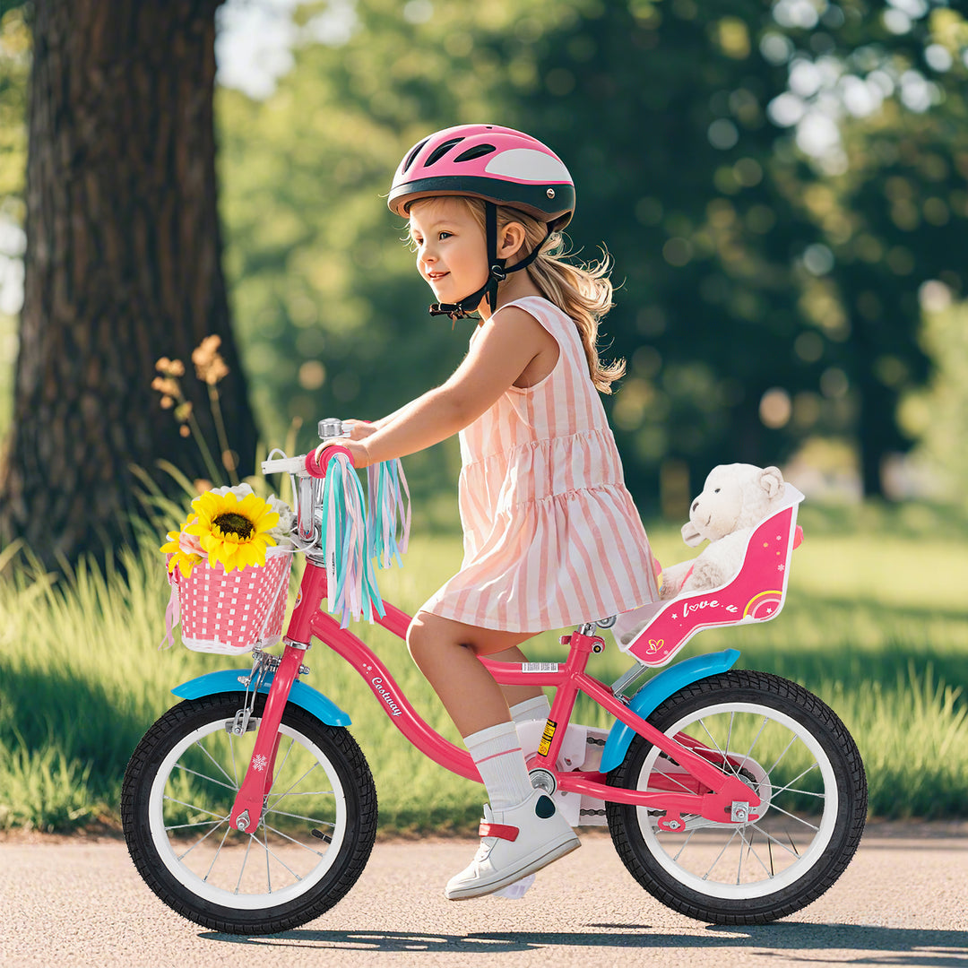 14 Inch Girls Bike for 3-5 Years Old Kids Bike with Doll Seat and Training Wheels