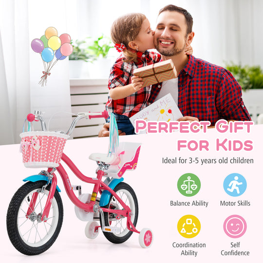 14 Inch Girls Bike for 3-5 Years Old Kids Bike with Doll Seat and Training Wheels