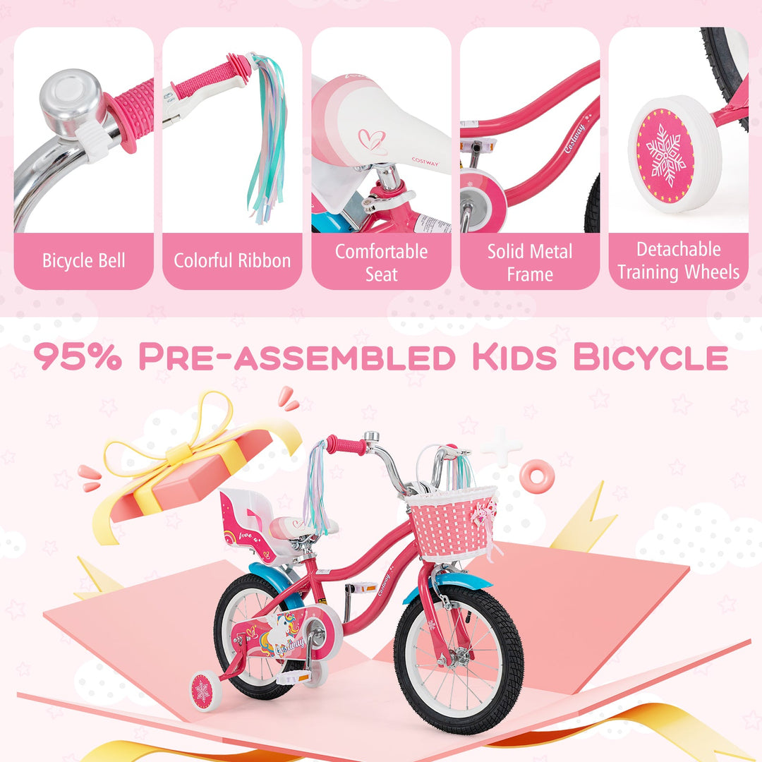 16 Inch Girls Bike for 4-7 Years Old Kids Bike with Doll Seat and Training Wheels