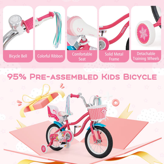 16 Inch Girls Bike for 4-7 Years Old Kids Bike with Doll Seat and Training Wheels