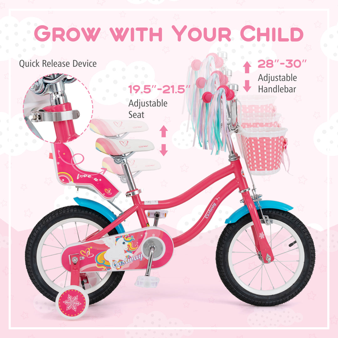 14 Inch Girls Bike for 3-5 Years Old Kids Bike with Doll Seat and Training Wheels