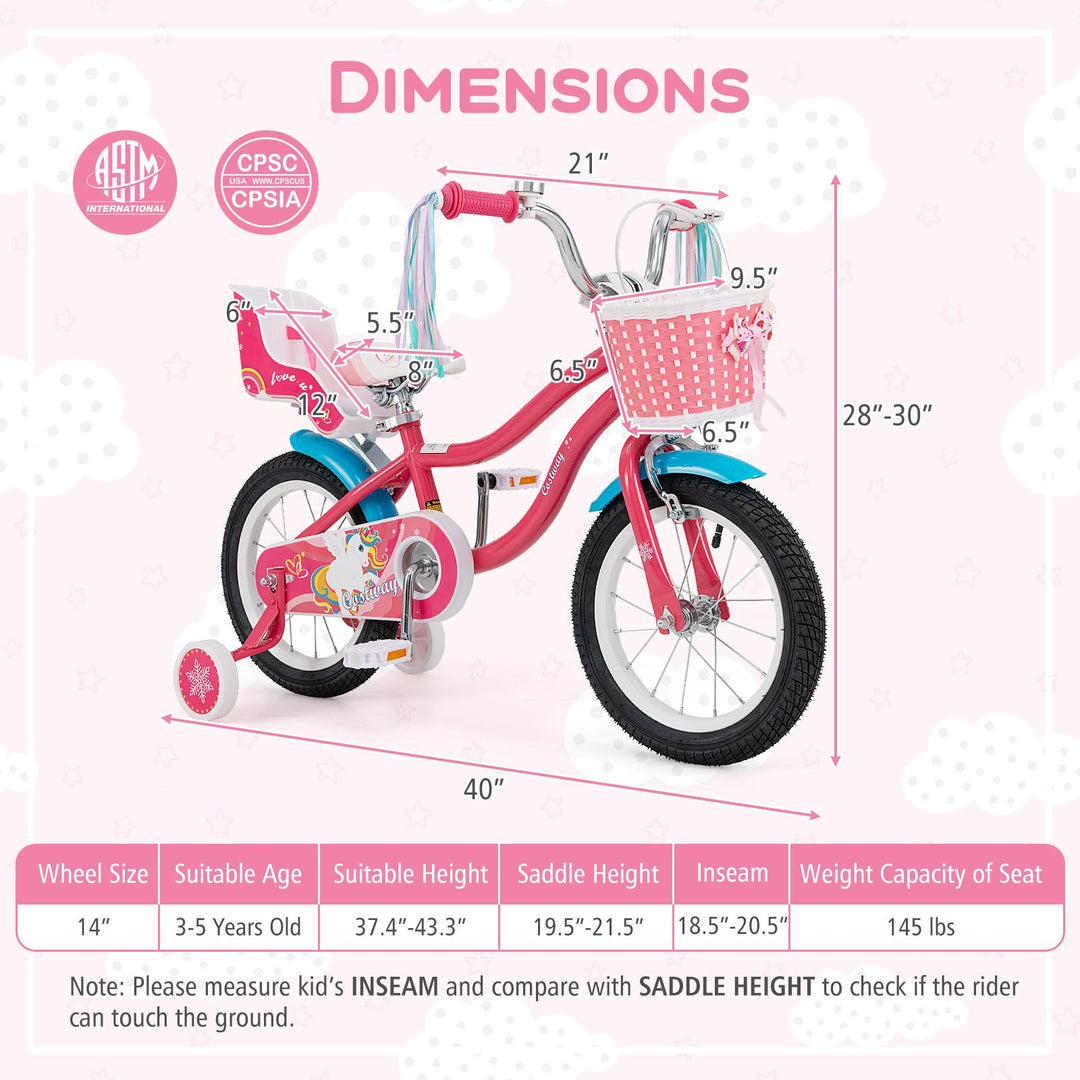 16 Inch Girls Bike for 4-7 Years Old Kids Bike with Doll Seat and Training Wheels