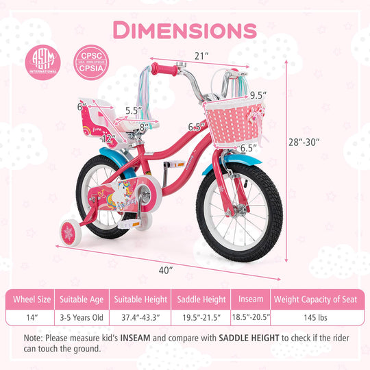 16 Inch Girls Bike for 4-7 Years Old Kids Bike with Doll Seat and Training Wheels