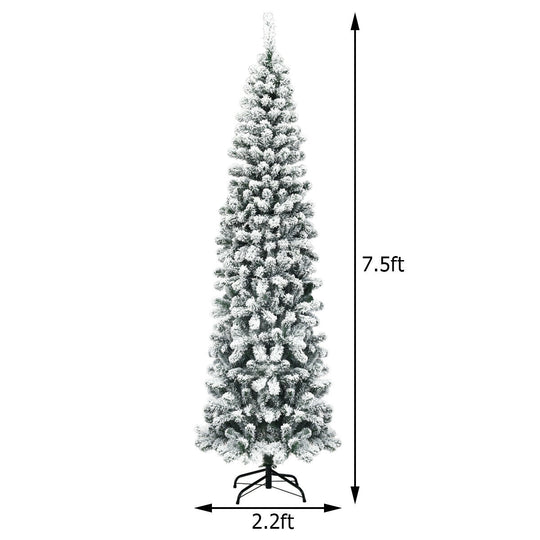 7.5 Feet Pre-lit Snow Flocked Artificial Pencil Christmas Tree with LED Lights