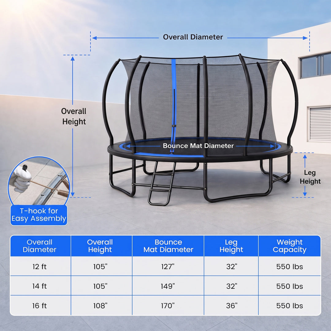 14 FT Outdoor Recreational Trampoline with 4 Stabilizer Bars for Backyard