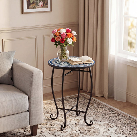 14" Mosaic Patio Accent Table with Metal Frame