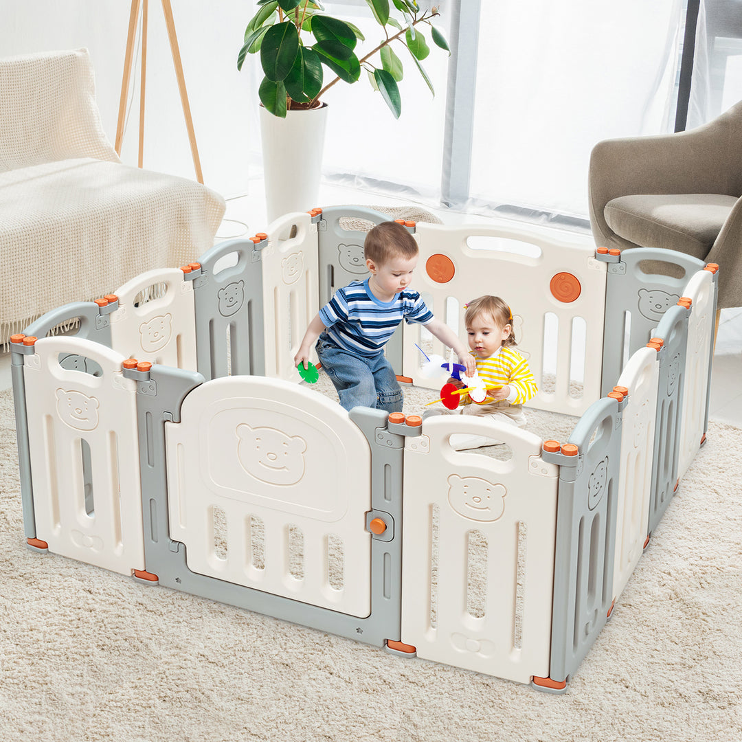 Foldable Baby Playpen 14 Panel Activity Center Safety Play Yard-Beige