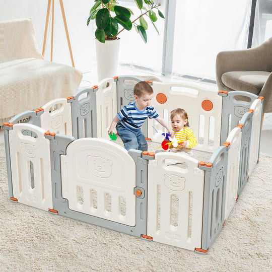 Foldable Baby Playpen 14 Panel Activity Center Safety Play Yard-Beige