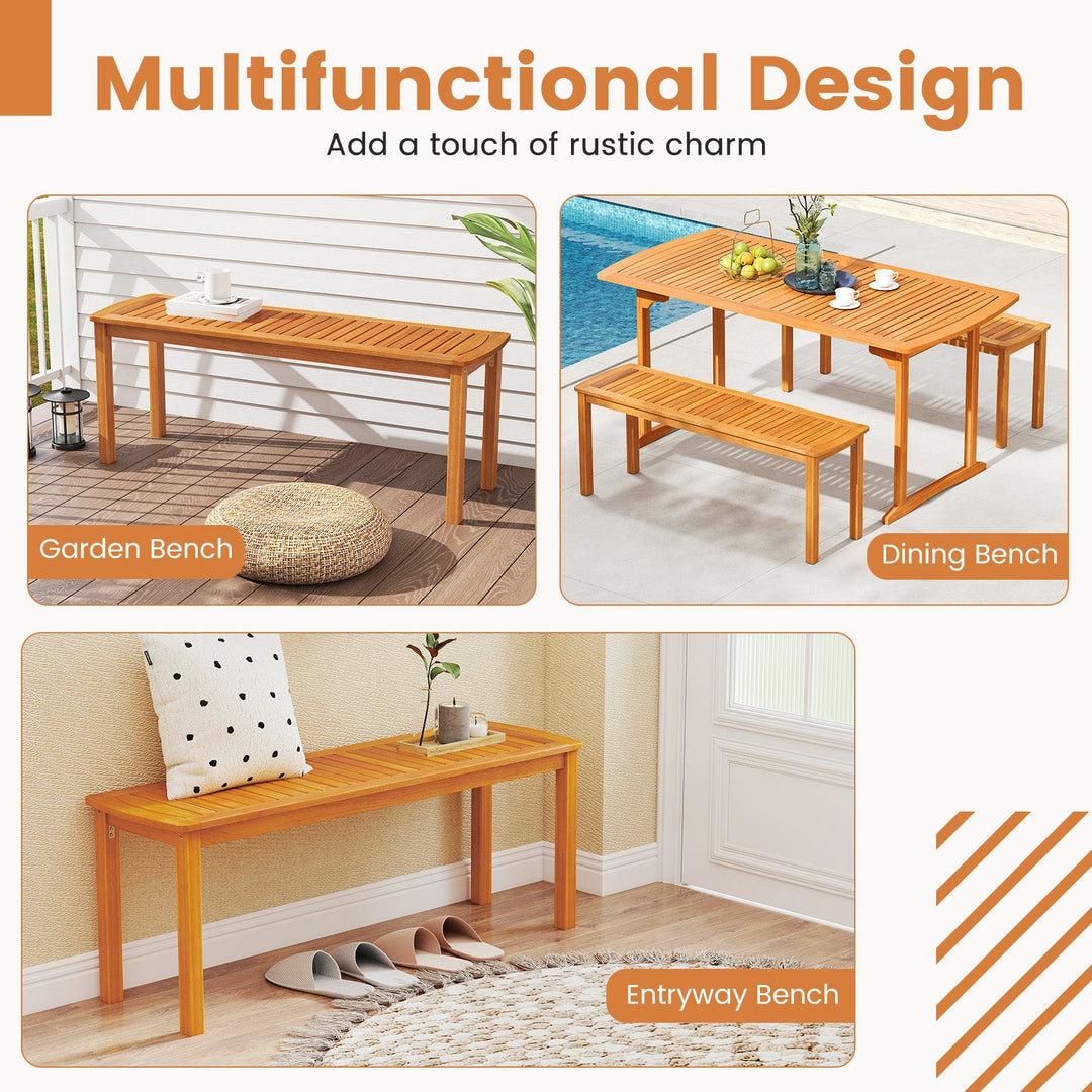 Set of 2 Acacia wood outdoor bench with slatted seat for garden