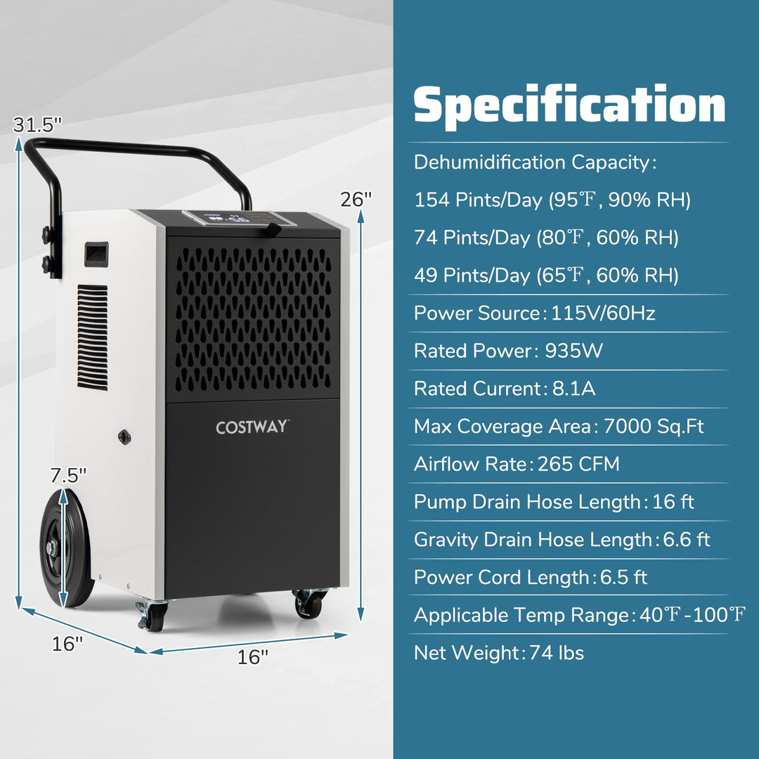 154 Pints Commercial Dehumidifier with Pump and Drain Hoses