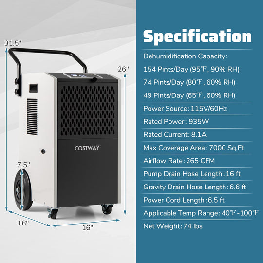 154 Pints Commercial Dehumidifier with Pump and Drain Hoses