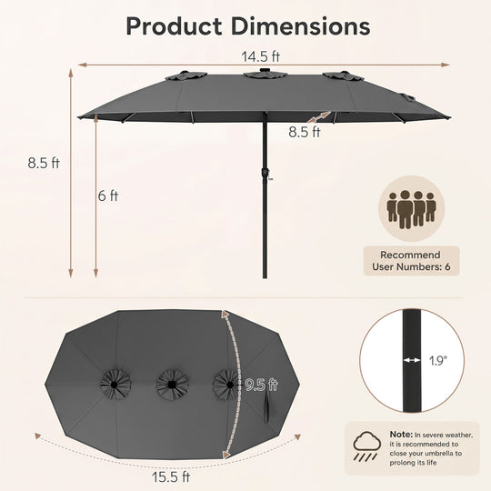 Patio Umbrella 15.5ft with Solar LED Lights and Crank
