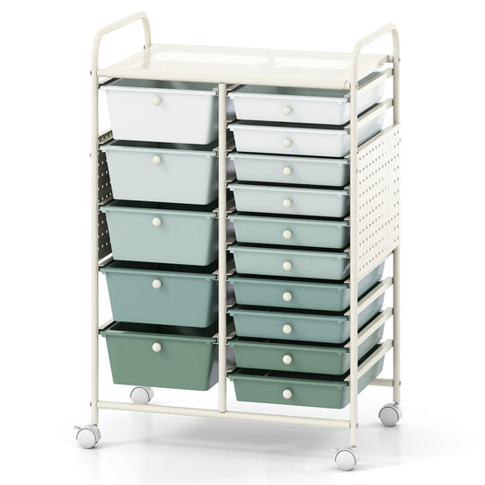15-Drawer Rolling Storage Cart with Metal Tabletop and Pegboard
