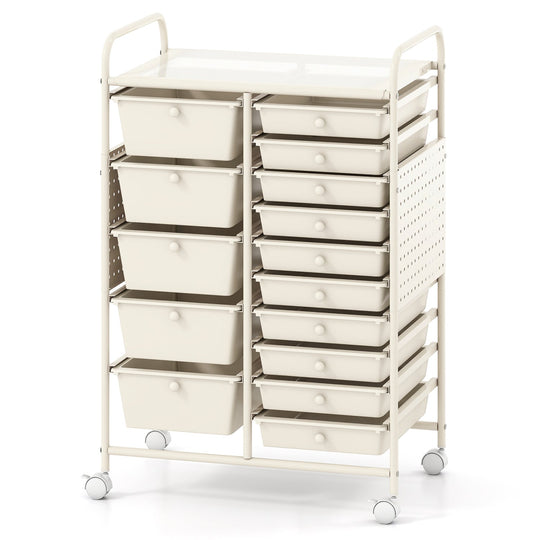 15-Drawer Rolling Storage Cart with Metal Tabletop and Pegboard