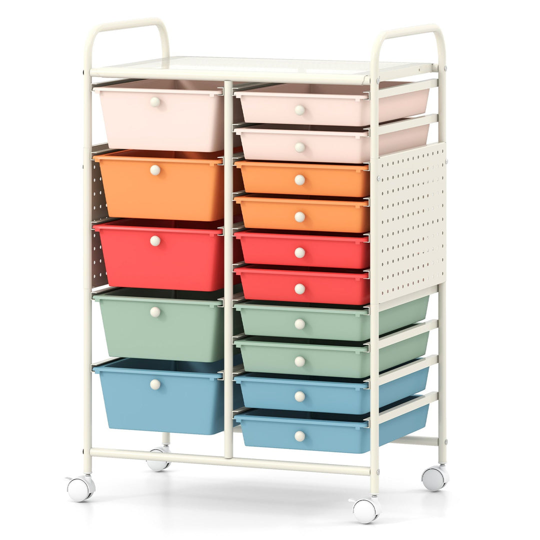 15-Drawer Rolling Storage Cart with Metal Tabletop and Pegboard