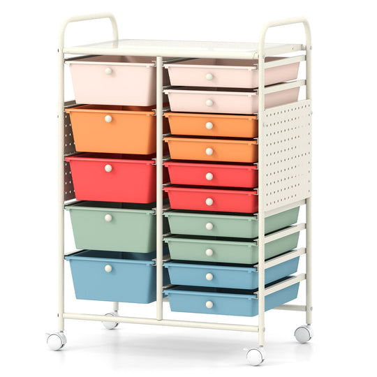 15-Drawer Rolling Storage Cart with Metal Tabletop and Pegboard
