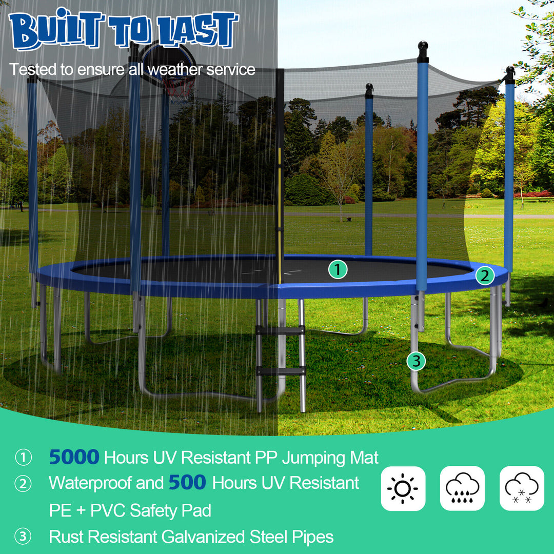 12/14/15/16 Feet Outdoor Recreational Trampoline with Ladder and Enclosure Net-15 ft