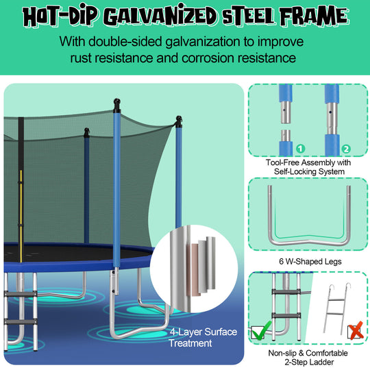 12/14/15/16 Feet Outdoor Recreational Trampoline with Ladder and Enclosure Net-15 ft