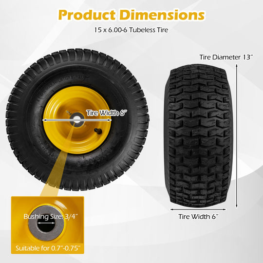 15 x 6.00-6 Tubeless Tires and Wheels 2 Pack 4 PR Tires-Yellow