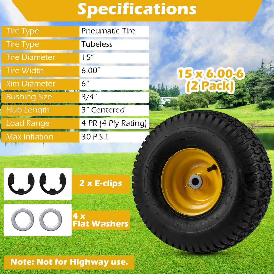 15 x 6.00-6 Tubeless Tires and Wheels 2 Pack 4 PR Tires-Yellow