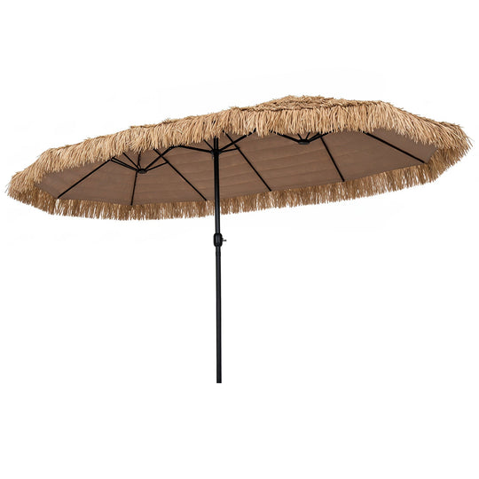 Double-Sided Thatched Tiki Patio Umbrella 15x9 FT with Crank