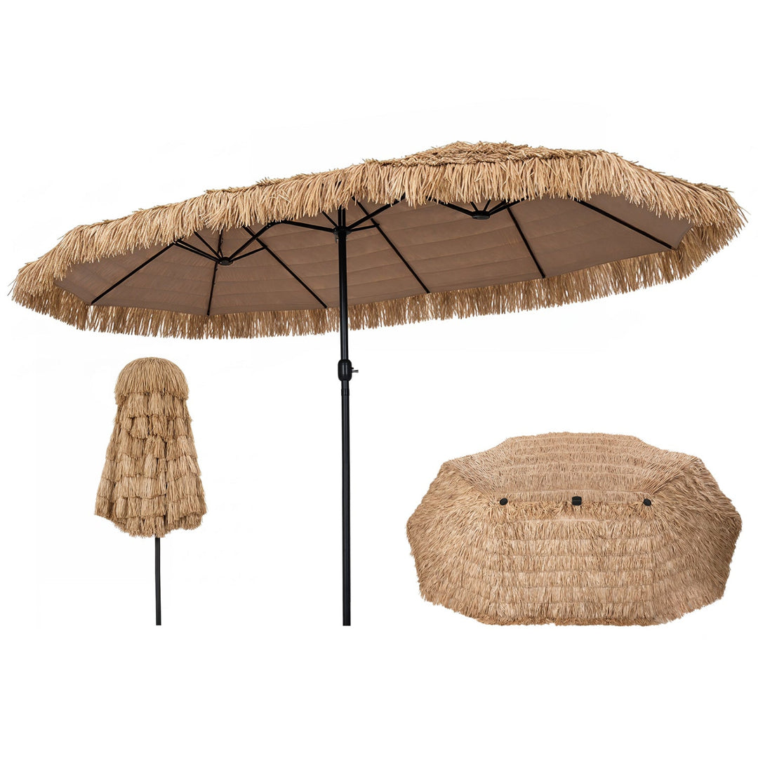 Double-Sided Thatched Tiki Patio Umbrella 15x9 FT with Crank