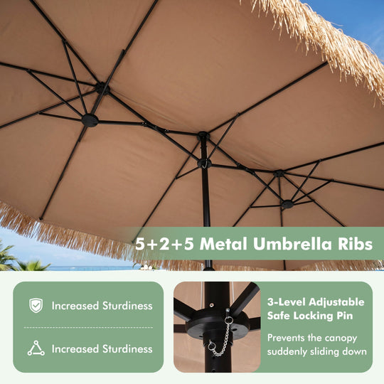 Double-Sided Thatched Tiki Patio Umbrella 15x9 FT with Crank