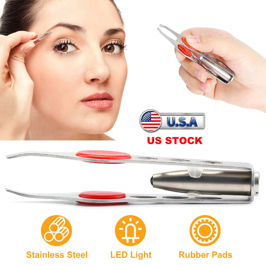 LED Eyebrow Tweezer Stainless Steel Make Up Tweezer w/ LED Light Rubber Finger Pads For Eyebrow Eyelash Hair Removal