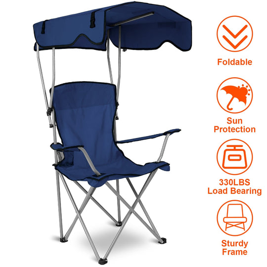 Foldable Beach Canopy Chair Sun Protection Camping Lawn Canopy Chair 330LBS Load Folding Seat w/ Cup Holder For Beach Poolside Travel Picnic