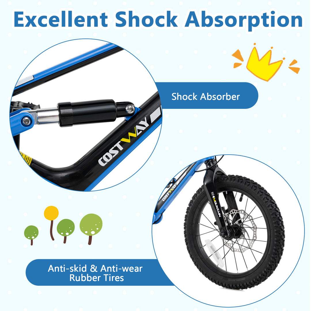 16 Inch Kids Bike Adjustable with Shock Absorber and Bell for Aged 4 to 7-16 inches