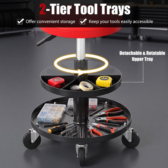 Adjustable Rolling Mechanic Stool with Tool Trays