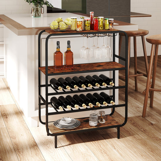16 Bottle Wine Rack with 5-Tier Wine Shelf and Glass Holders for Kitchen Bar-Rustic Brown